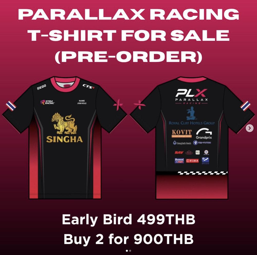 Parallax Racing team shirt pre-order poster: early bird 499 baht, two for 900 baht